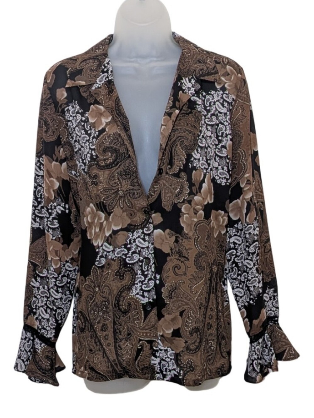 Sag Harbor | Black & Brown Paisley Button-Up Blouse | Flutter Sleeves | Bohemian